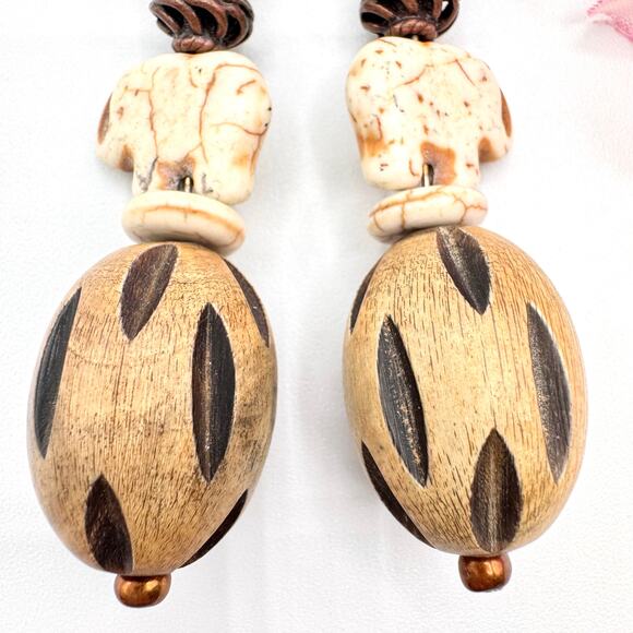 Tribal Native Folk Art Carved Howlite Elephant Nut Chunky Big Statement Earrings - Picture 8 of 12